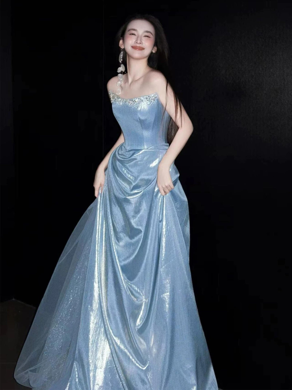 Glittery A Line Strapless Light Blue Sleeveless Prom Dresses Inspiration Long Night Outfits Birthday Outfits AB2215