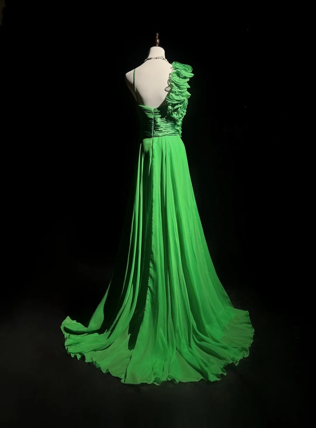 Vintage 90s Prom Dresses A Line One Shoulder Green Chiffon With Flowers Long Prom Gown N3061