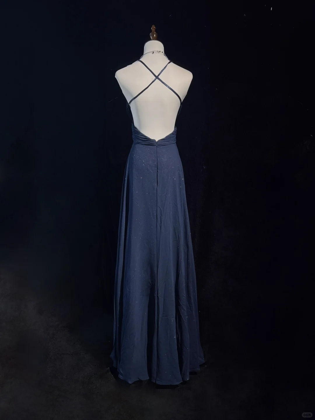 Vintage Prom Dresses 90s A line Spaghetti Strap Navy Blue Sequined Backless Long Evening Outfits N3141