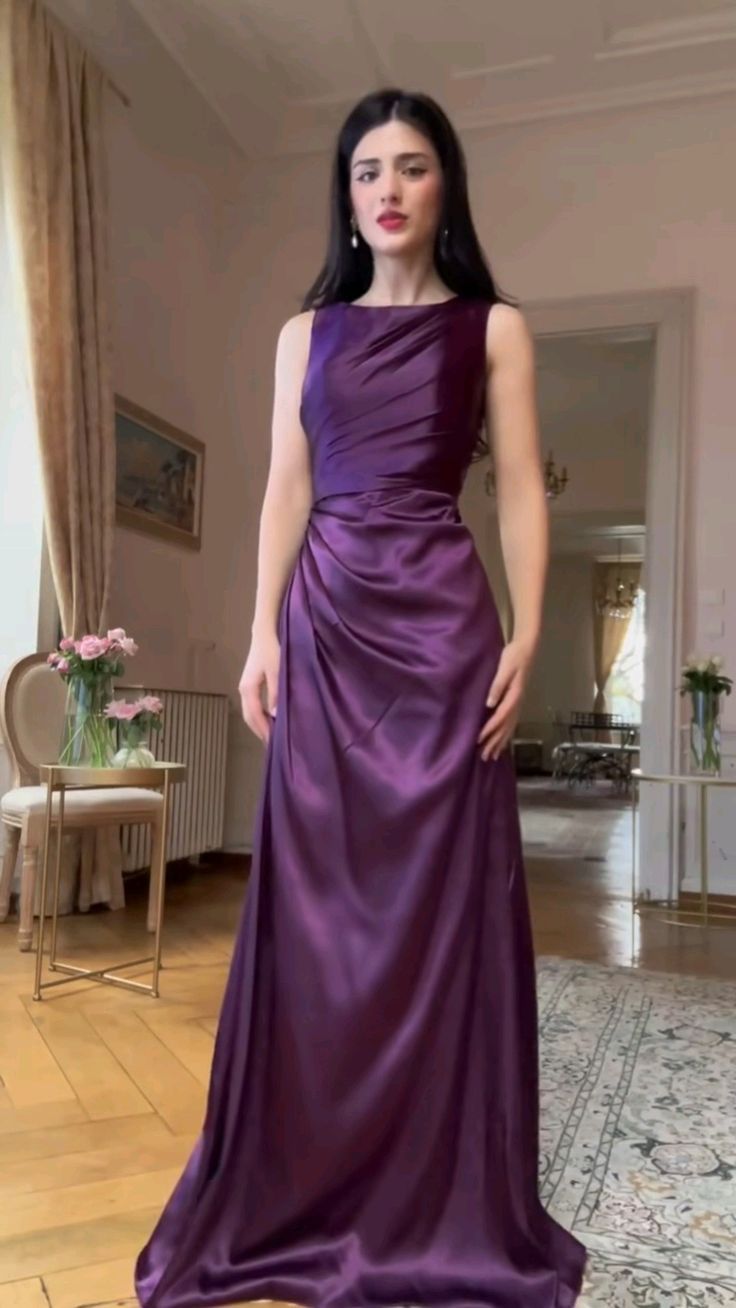 Chic Mermaid Scoop Neck Purple Satin Pleated Sleeveless Long Party Women Prom Dresses AB1875
