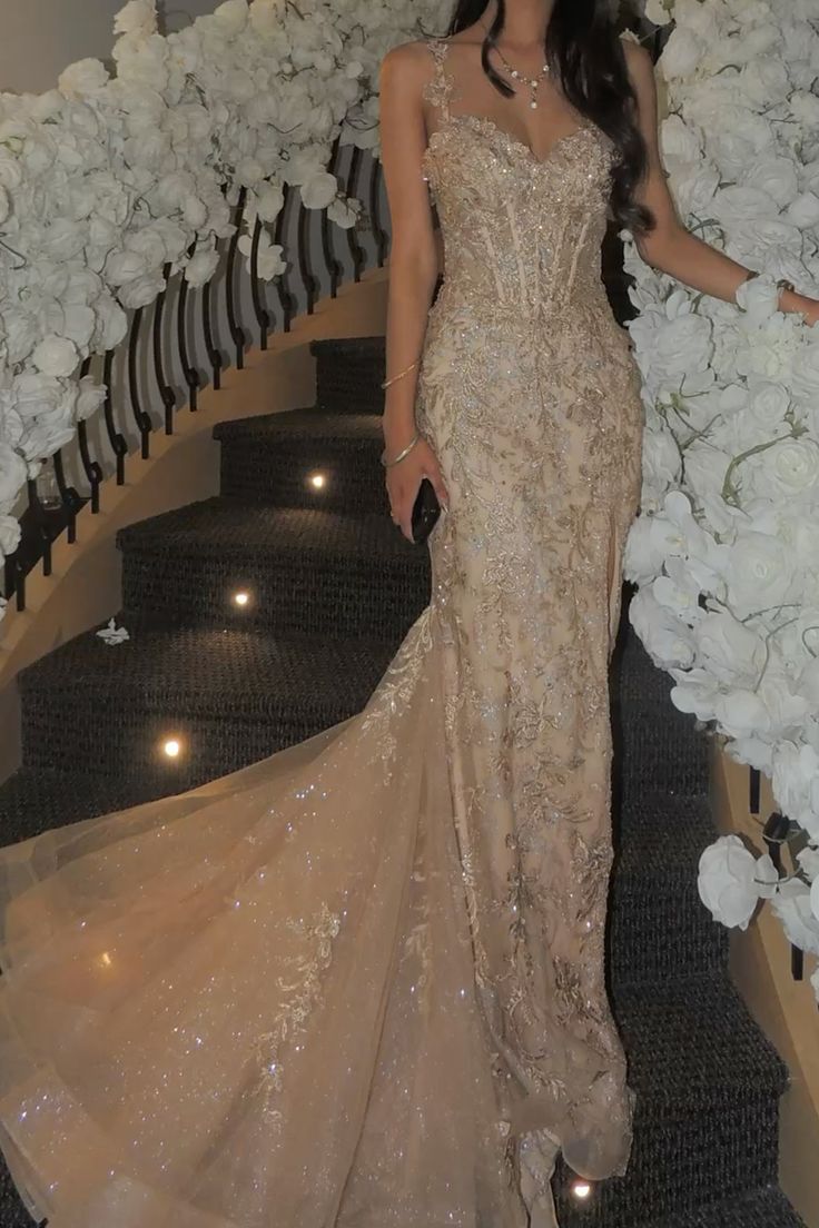 Chic Mermaid Spaghetti Strap Champagne Tulle Lace Sleeveless Long Party Formal Women Prom Dresses AB1891