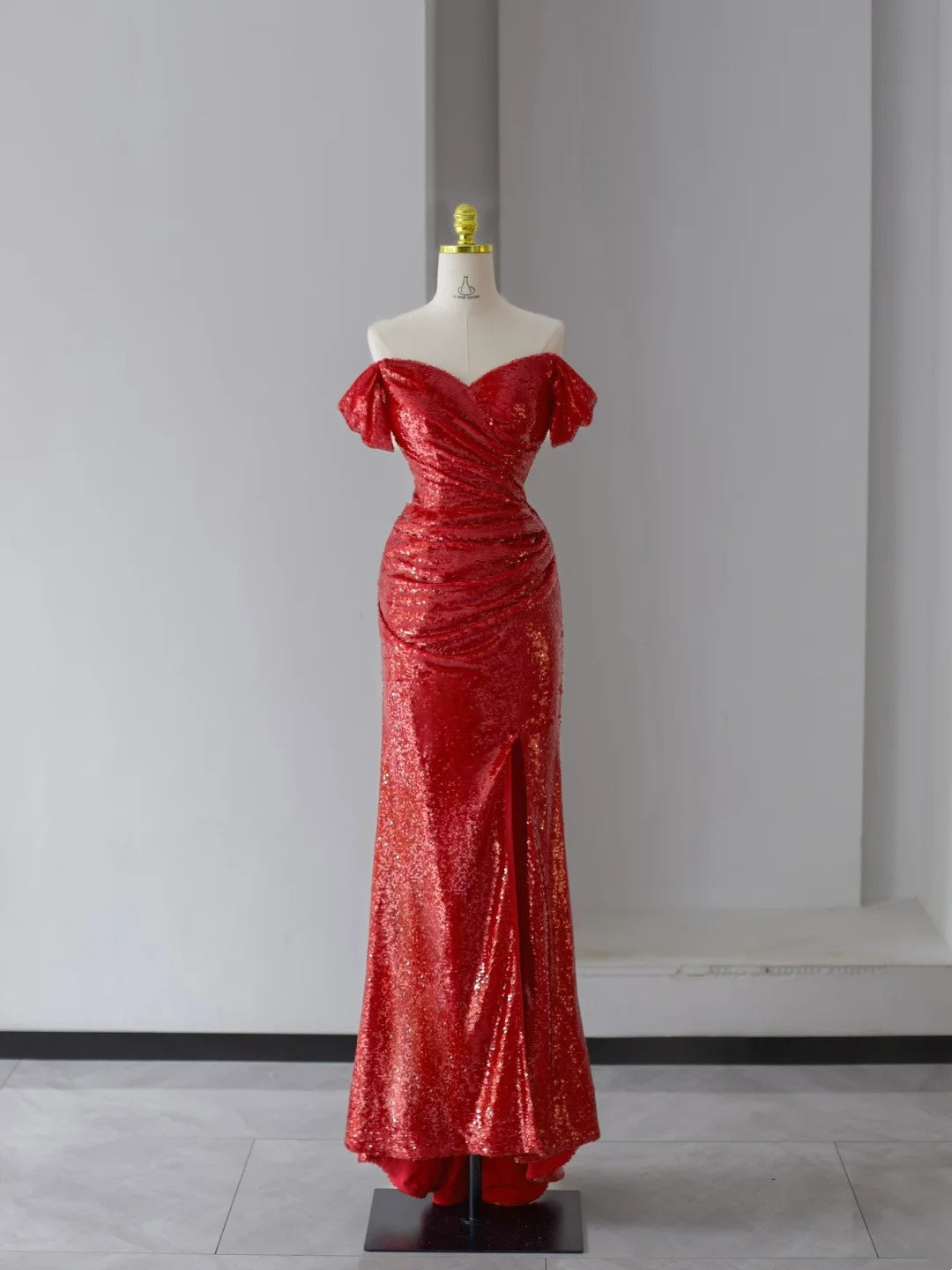 Glitter Prom Dresses Mermaid Off The Shoulder Red Sequined With Ruffle Long Formal Gown N2945