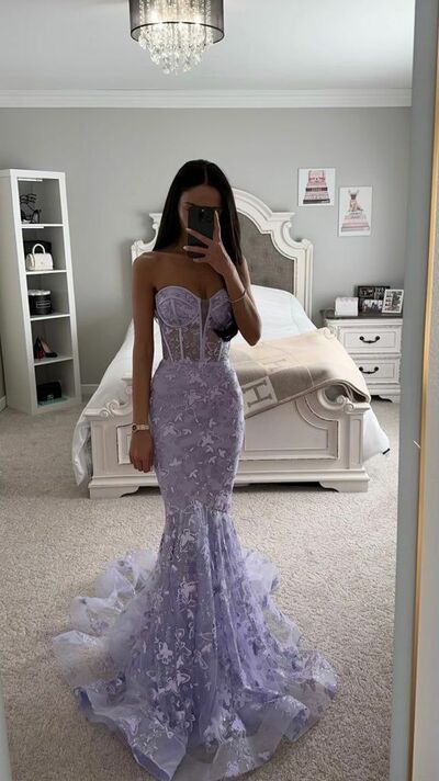 Elegant Mermaid Purple Lace Appliques Prom Dress Formal Dress Evening Gowns N1502