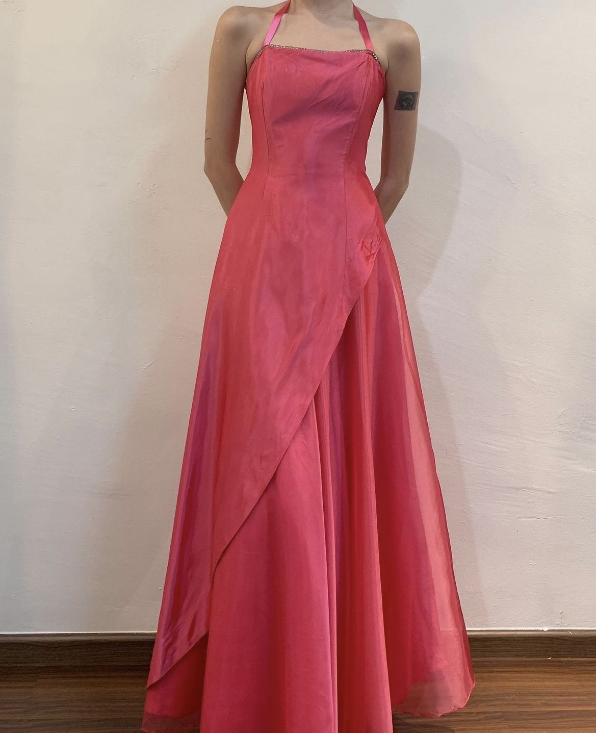 Y2K A line Halter Pink Sleeveless Long Formal Dress Gown 21st Birthday Prom Dresses N2402