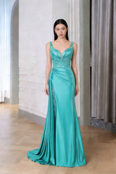 Vintage Mermaid Spaghetti Straps Blue Satin Slit Long Formal Prom Dresses Night Outfits Party Gowns AB2187