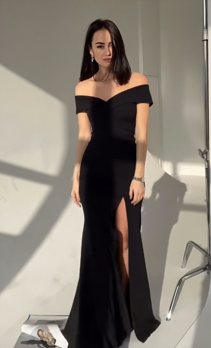 Simple Mermaid Off The Shoulder Navy Blue With Split Long Formal Fancy Prom Evening Dress Dinner Outfits Classy Party Gowns For Black Girls AB2096
