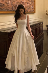 Gorgeous A Line Square Neckline Sleeveless White Date Night Dress Prom Dresses Birthday Outfits AB1915