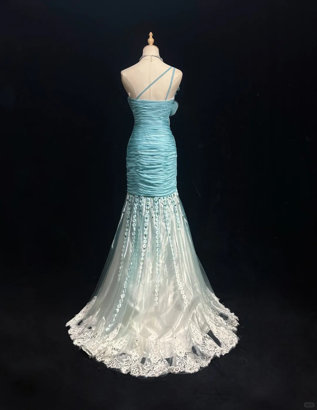 Modest Prom Dresses Mermaid One Shoulder Blue Tulle Lace Sleeveless With Ruffled Formal Evening Dress N3833