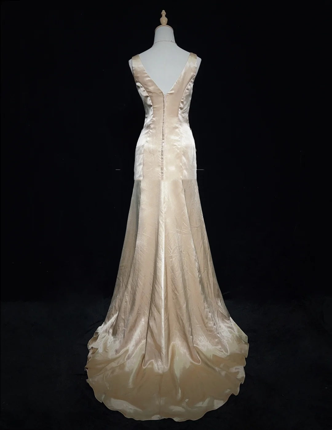 Vintage Prom Dresses Inspo A Line V Neck Gold Satin Long 1990s With Beading Formal Gowns N3347