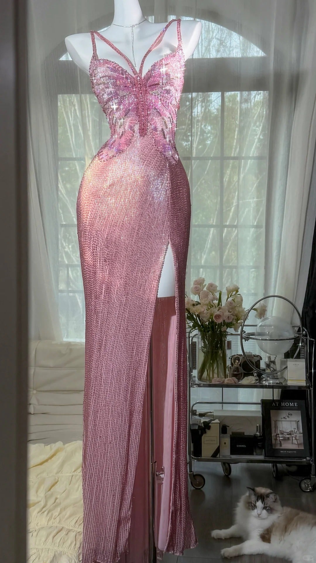 Elegant Prom Dresses Mermaid Spaghetti Strap Pink Sequin Slit Floor Length Formal Evening Outfits N3521