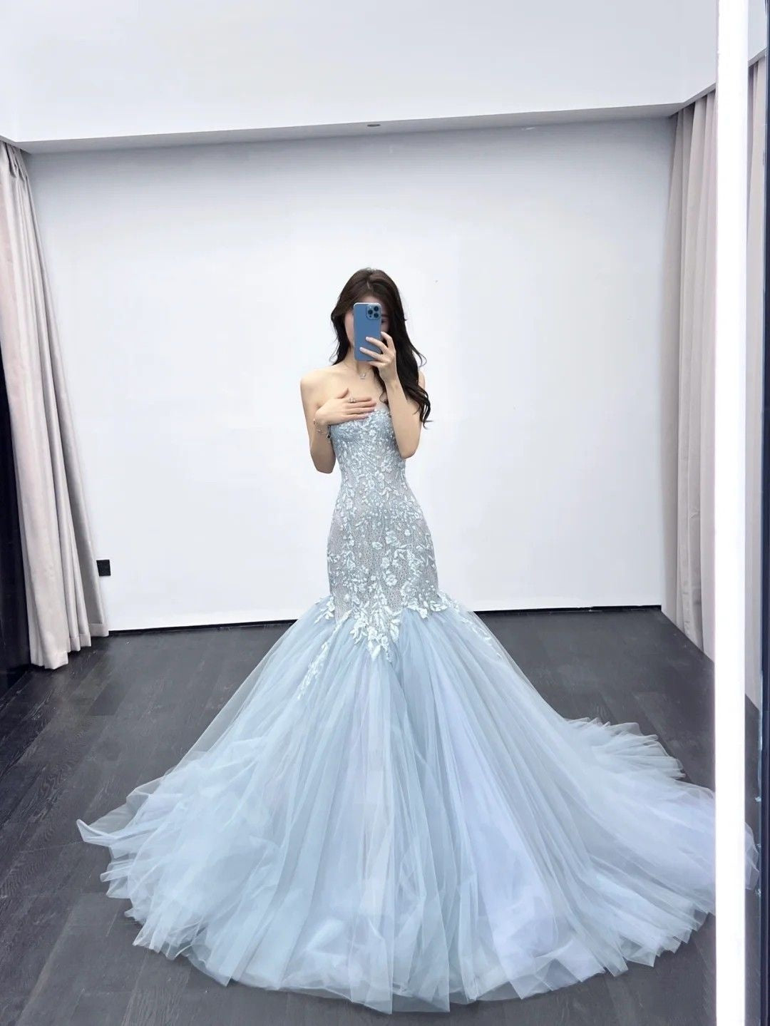 New Arrival Mermaid Sweetheart Blue Tulle Long Prom Dresses Inspo Formal Night Party Dress With Lace AB1654