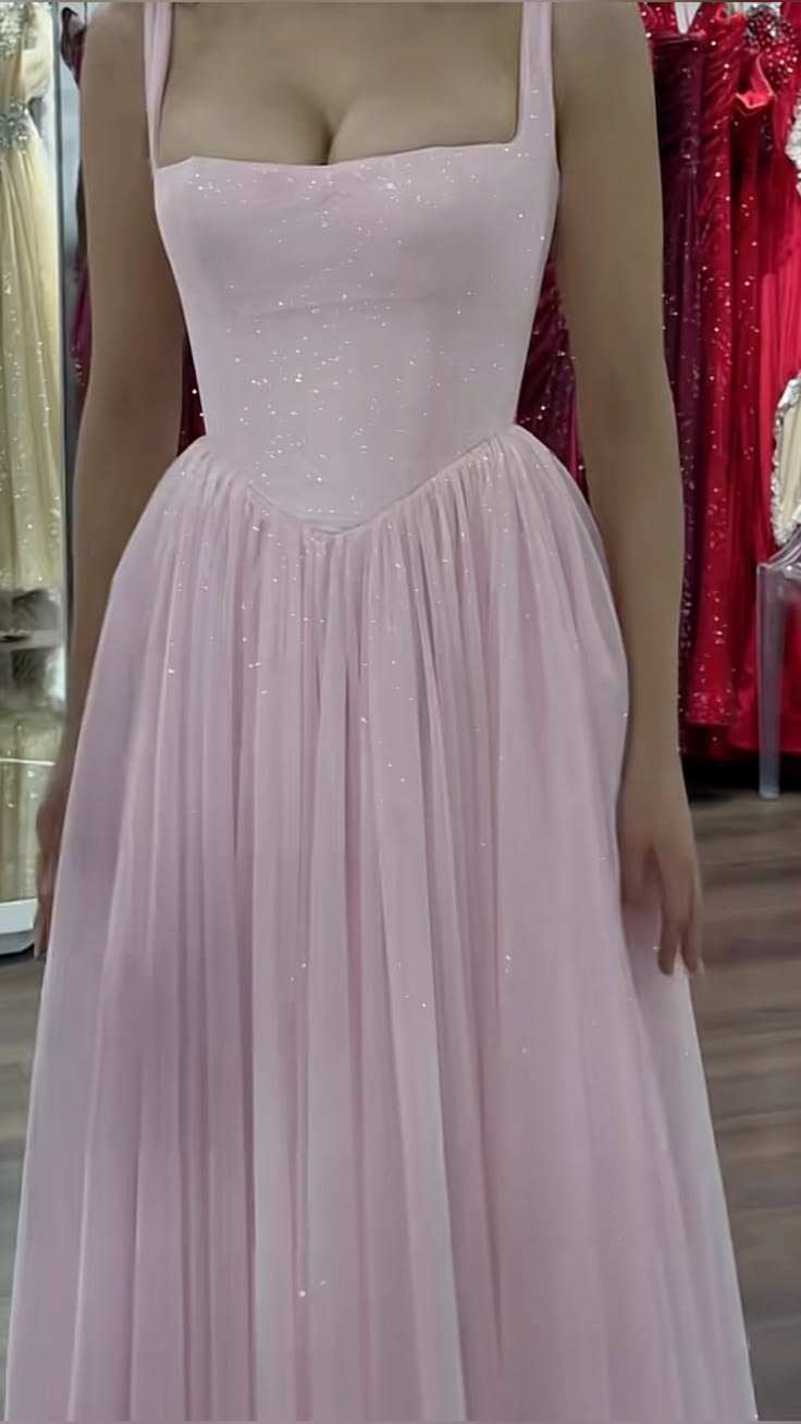 Chic A line Square Neck Pink Tulle Spring Formal Dress Long Prom Dresses N2670
