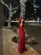 Elegant Mermaid V Neck Burgundy With Sequins Long Formal Fancy Evening Dress Dinner Outfits Classy Party Gowns AB2053