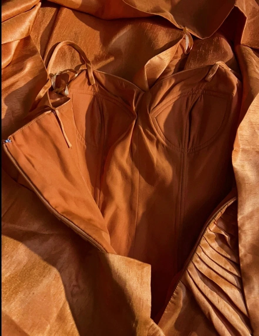 Vintage Prom Aesthetic Dresses A Line Spaghetti Strap Orange Satin With Beading Long Formal Dance Dress N3007