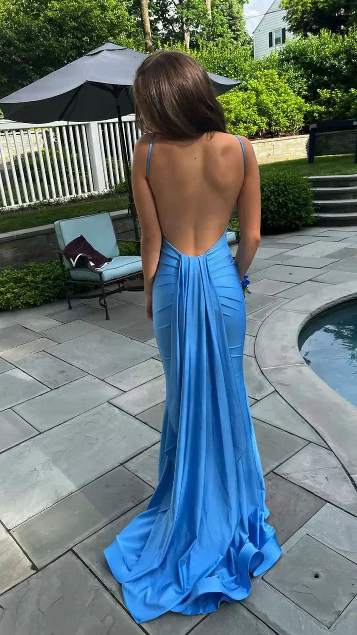 Modest Senior Prom Dresses High Schools Inspiration Mermaid Backless Blue Satin With Pleated Semi Formal Grad Long Prom Dress For Teens AB1986
