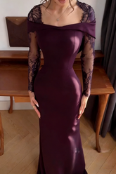 Elegant Mermaid Off The Shoulder Navy Blue With Sleeves Winter Long Formal Ideas Prom Evening Dress Dinner Outfits Party Gowns For Women AB2029