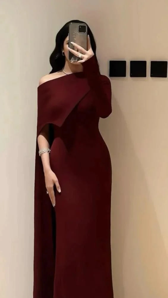 Elegant Mermaid One Shoulder Burgundy With Sleeves Winter Long Formal Ideas Prom Evening Dress Dinner Outfits Party Gowns For Women AB2037