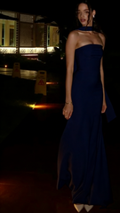 Classy Mermaid Strapless Slim Yellow With Scarf Long Formal Fancy Prom Evening Dresses Dinner Outfits Classy Party Gown AB2052