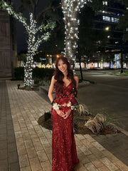 Elegant Mermaid V Neck Burgundy With Sequins Long Formal Fancy Evening Dress Dinner Outfits Classy Party Gowns AB2053
