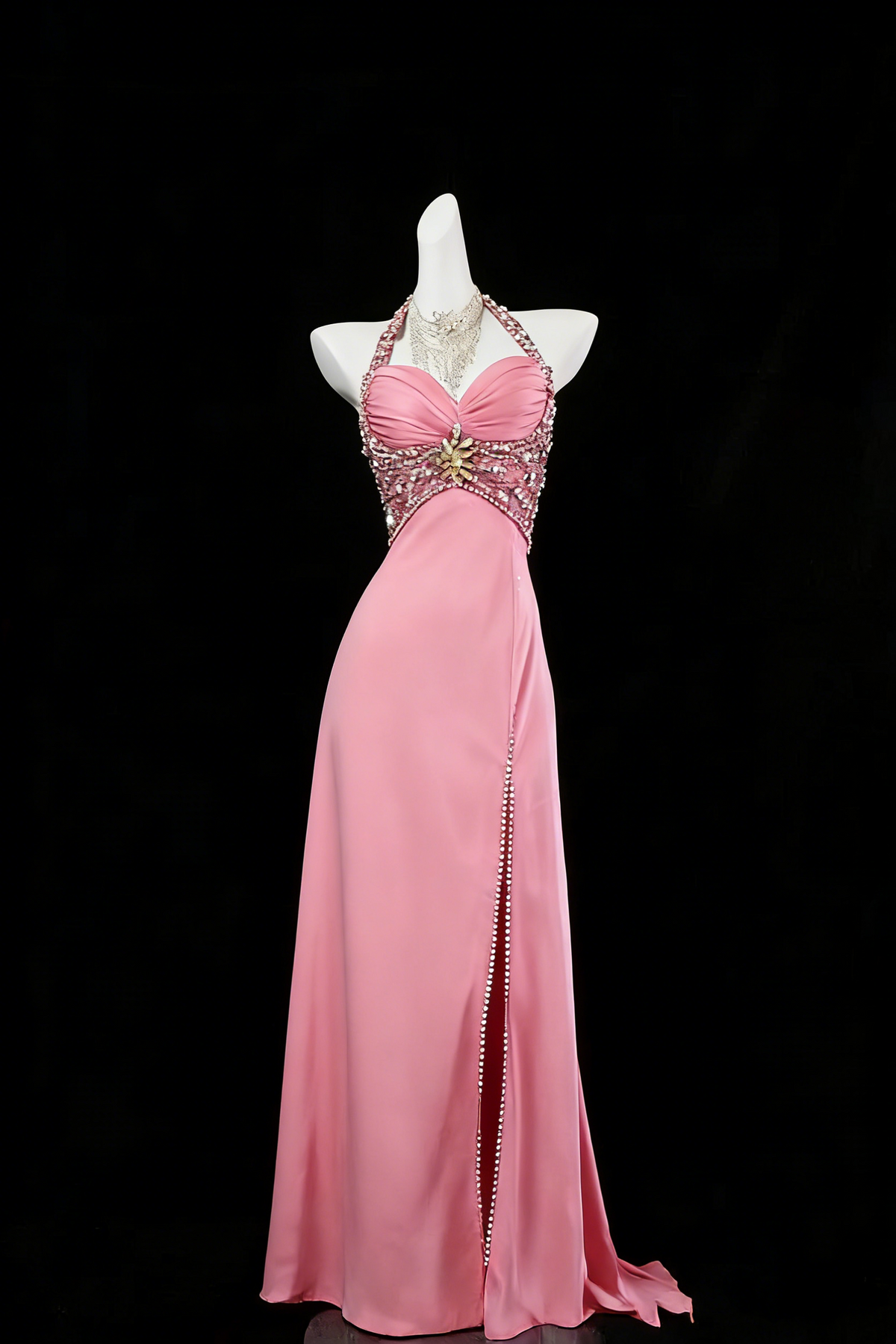 Pretty Mermaid Halter Pink Slit Long Prom Dresses Formal Evening Dress N1630