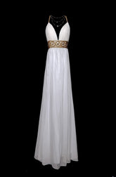 Retro 60s A Line Chiffon White Blue With Gold Beads Sleeveless Long Prom Dresses High School Senior Graduation Dance Party Outfits AS042
