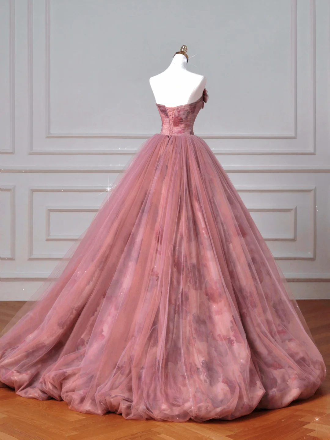 Modest Senior Prom Dresses High Schools Inspiration Ball Gown Strapless Floral Pink Semi Formal Grad Long Prom Dress AQ053