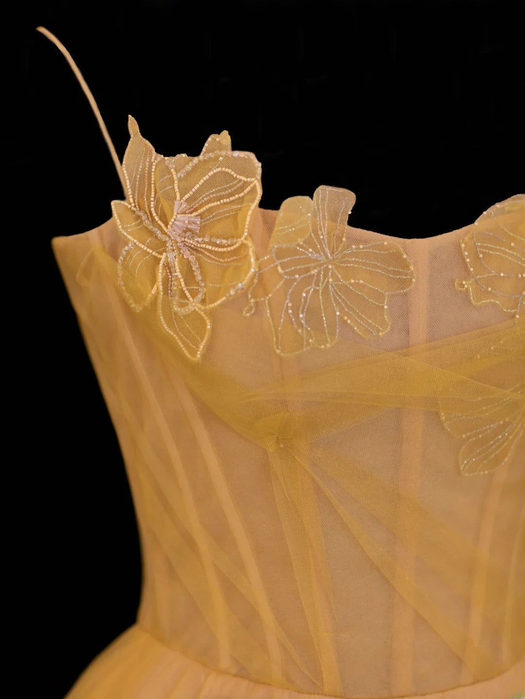 Simple Formal A Line Spaghetti Strap Yellow Tulle Style Impress Long Prom Dresses Party Gowns SA063