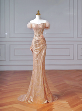 Sparkly Mermaid Off The Shoulder Blush Pink With Sleeves Long Formal Prom Dresses Night Outfits Party Gowns AQ065