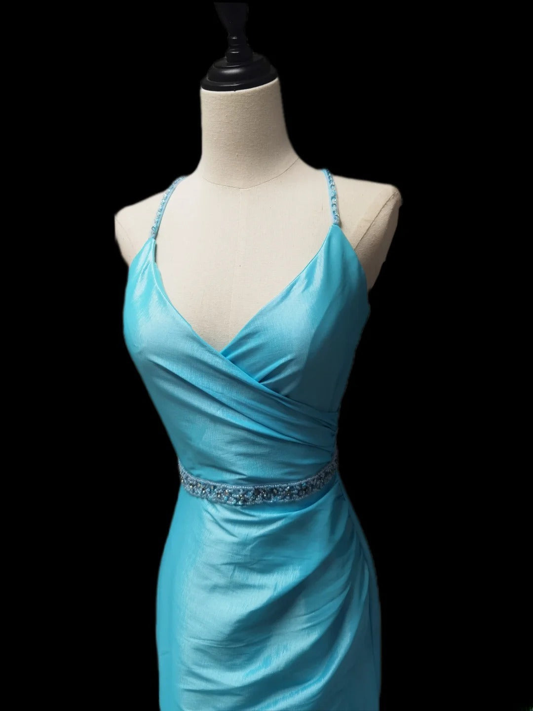 Vintage Mermaid Spaghetti Strap Blue With Beading Satin Sleeveless Long Prom Dresses High School Senior Graduation Dance Evening Outfits AS074