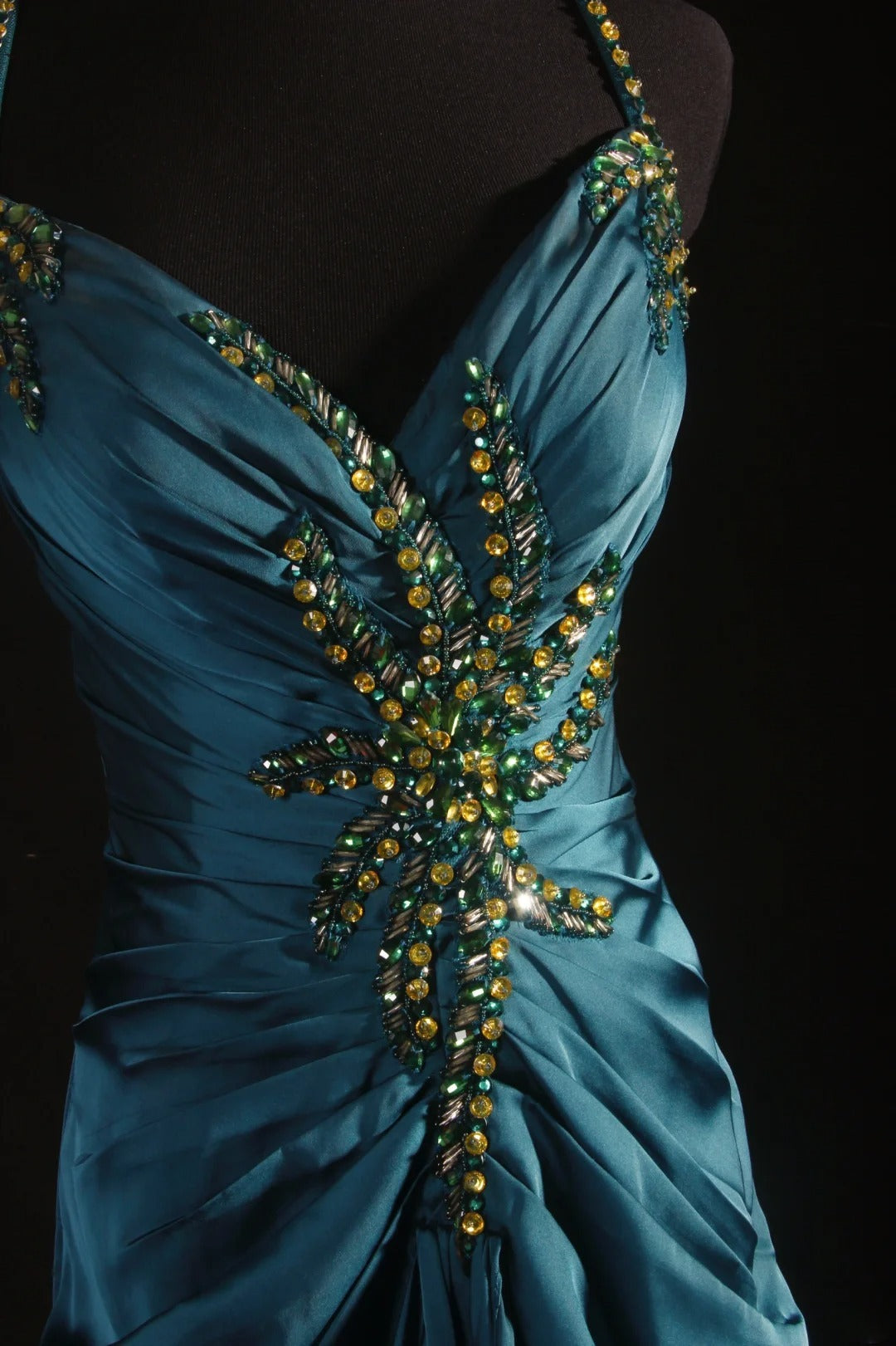 Vintage 1950s Formal Mermaid Spaghetti Strap Teal Blue Pleated Satin With Beads Sleeveless Long Prom Dresses Party Formal Gowns AS086