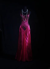 Retro Vintage 1960s Formal Mermaid V Neck Fashion Hot Pink Satin With Beads Sleeveless Long Prom Dresses Party Formal Gowns AS113