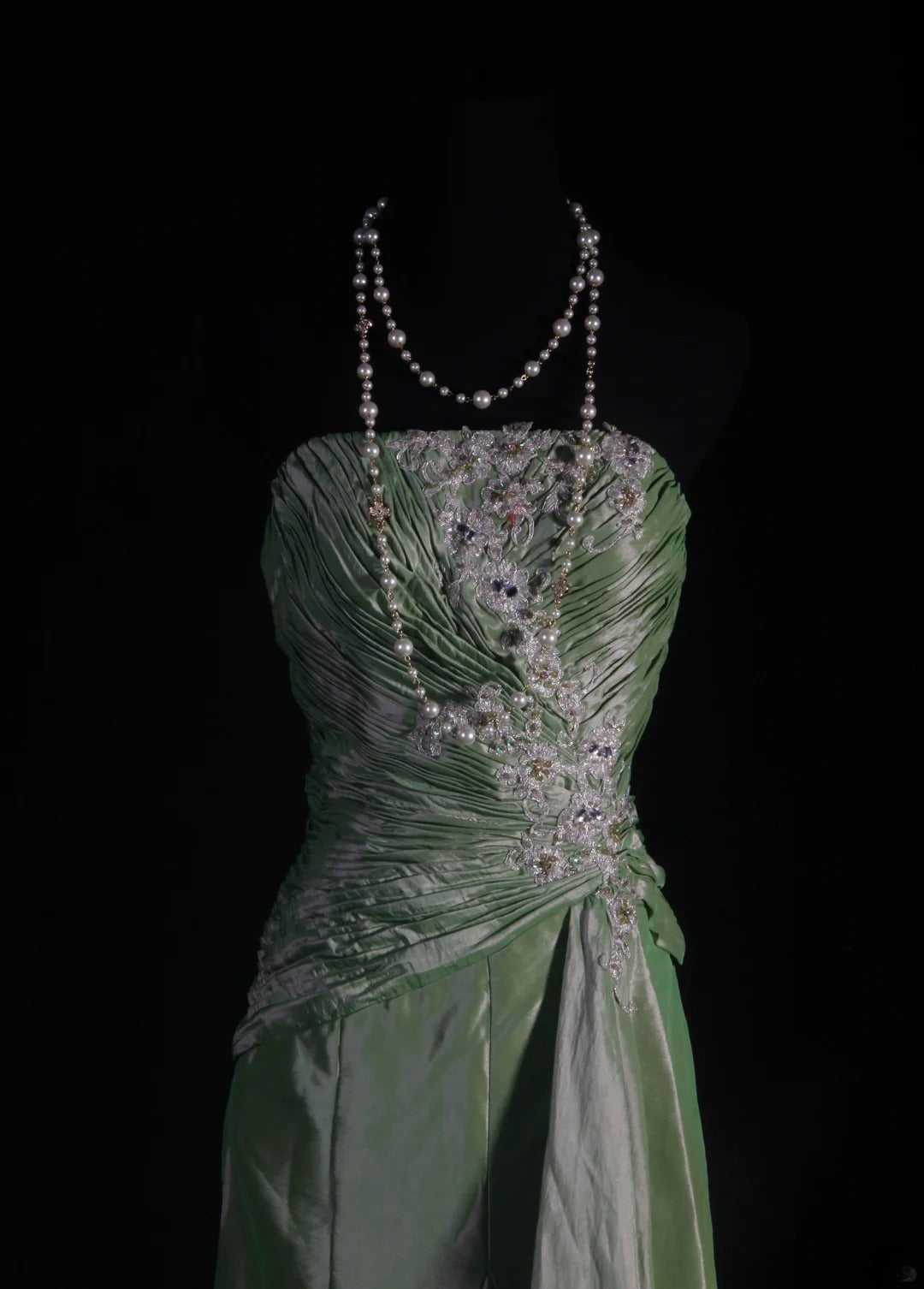 Vintage 50s 1950s Formal Mermaid Strapless Green Taffeta Pleated With Lace Appliques Sleeveless Long Prom Dresses Party Formal Gowns AS127