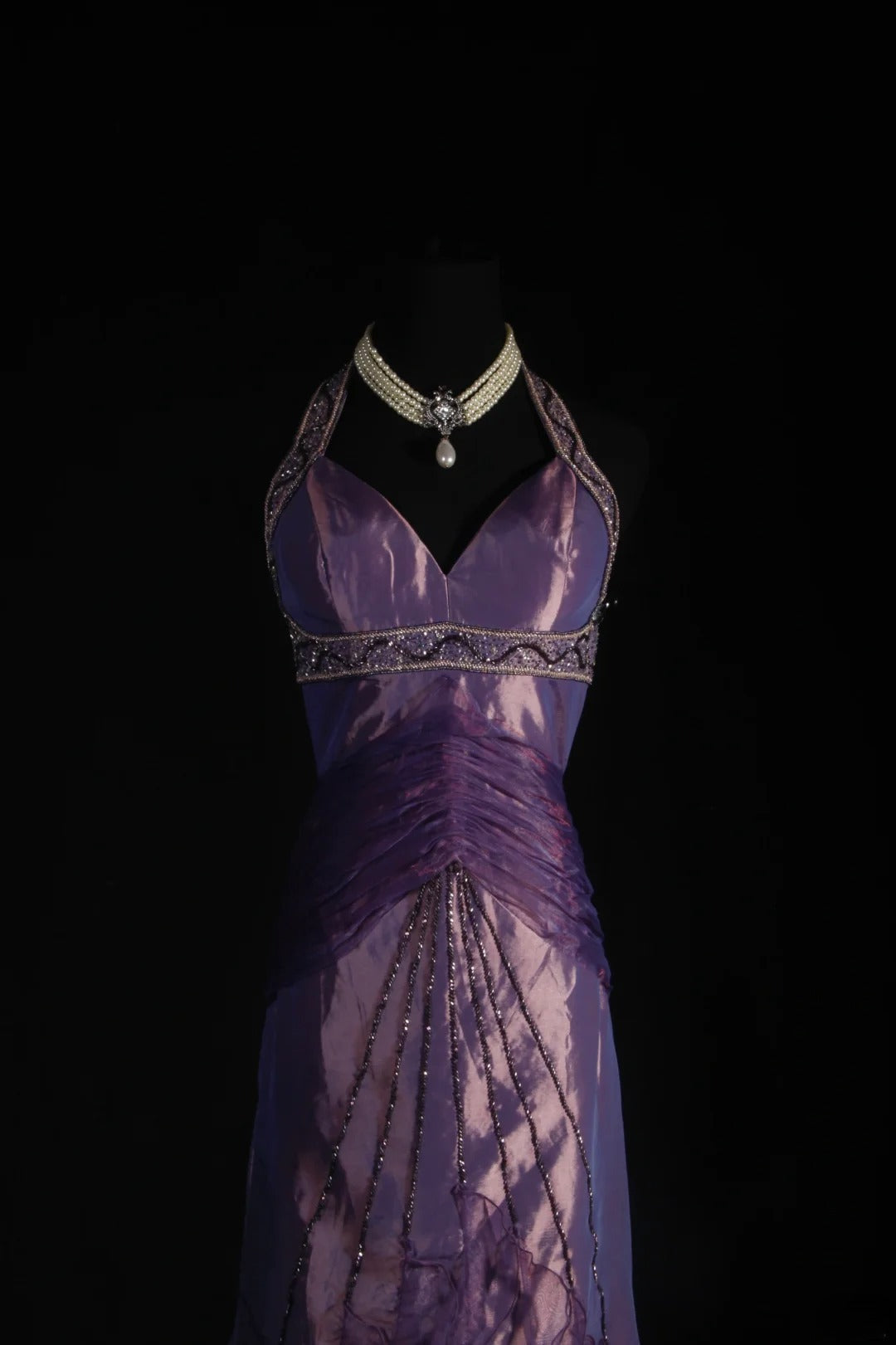 Vintage 50s 1950s Formal Mermaid Halter Purple Tiered Taffeta Pleated With Beads Sleeveless Long Prom Dresses Party Formal Gowns AS129