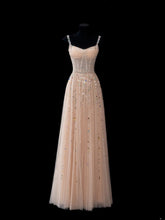 Elegant A line Spaghetti Straps Champagne Tulle Long Formal Fancy Evening Dresses Dinner Outfits Classy Party Gowns AS609