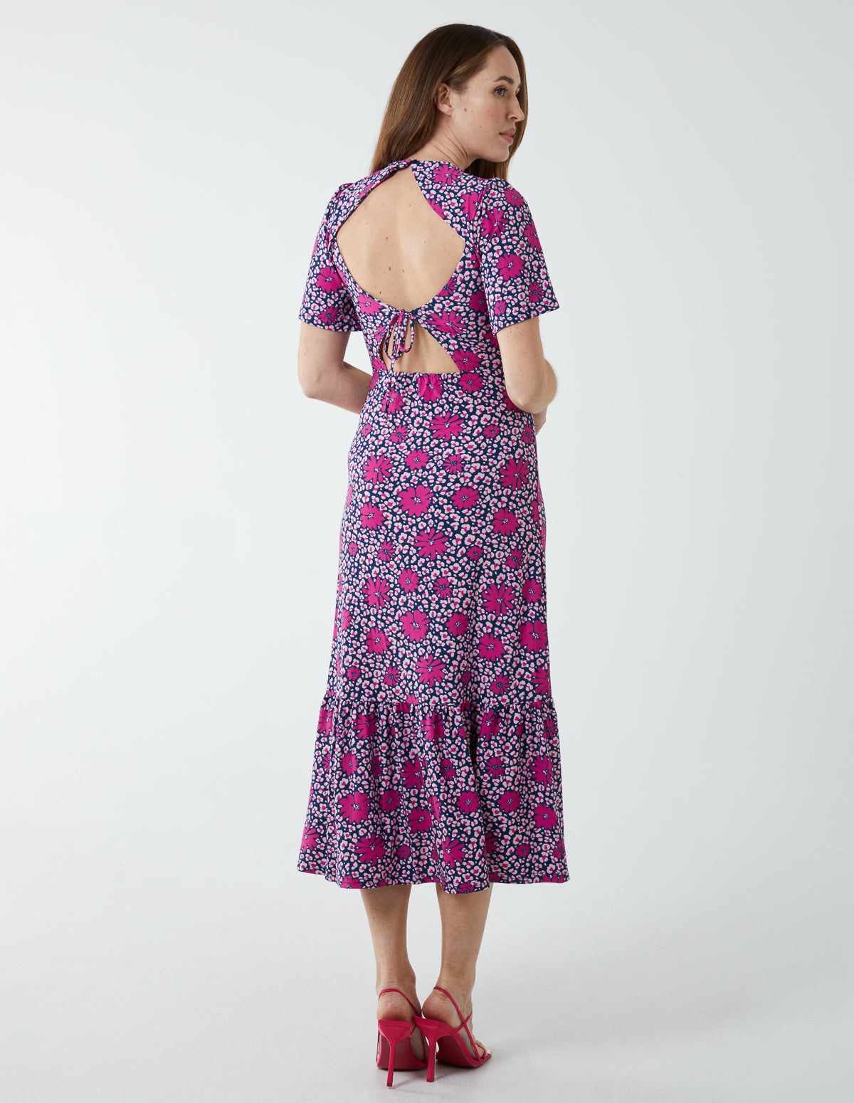 Crew Neck Midi Angel Sleeve Tie Open Back Dress