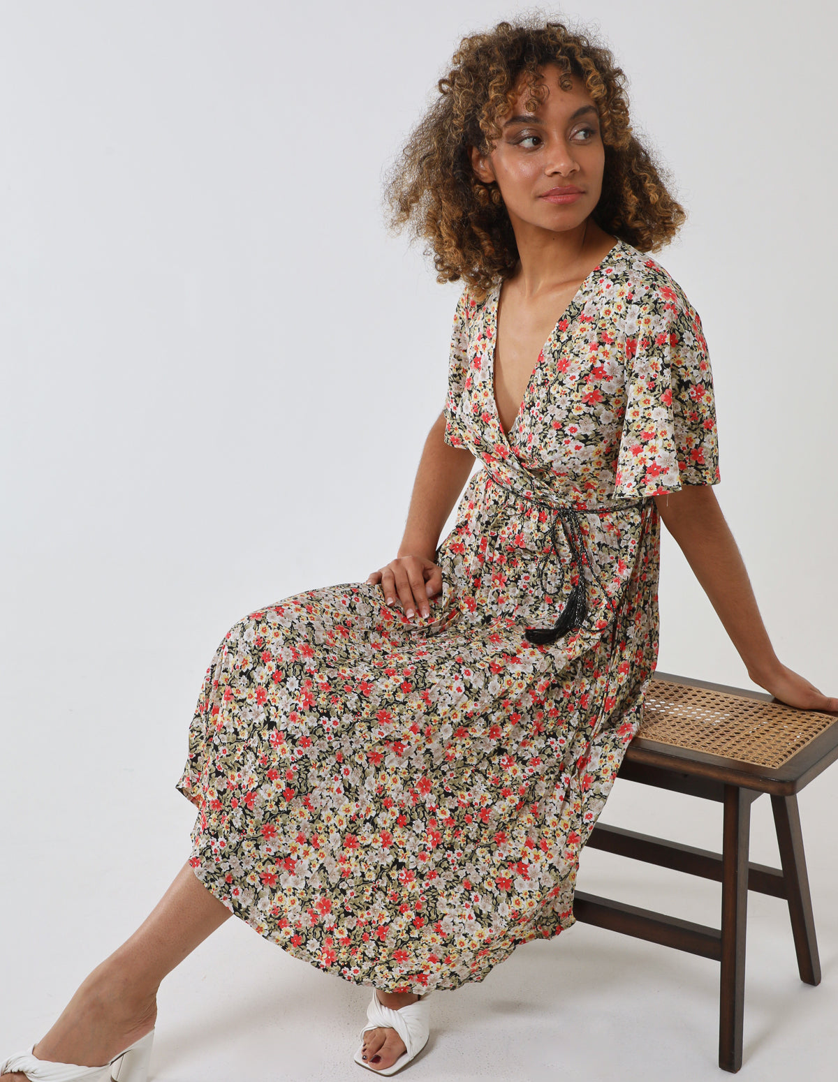 Wrap Front Pleated Hem Dress With Angel Sleeves