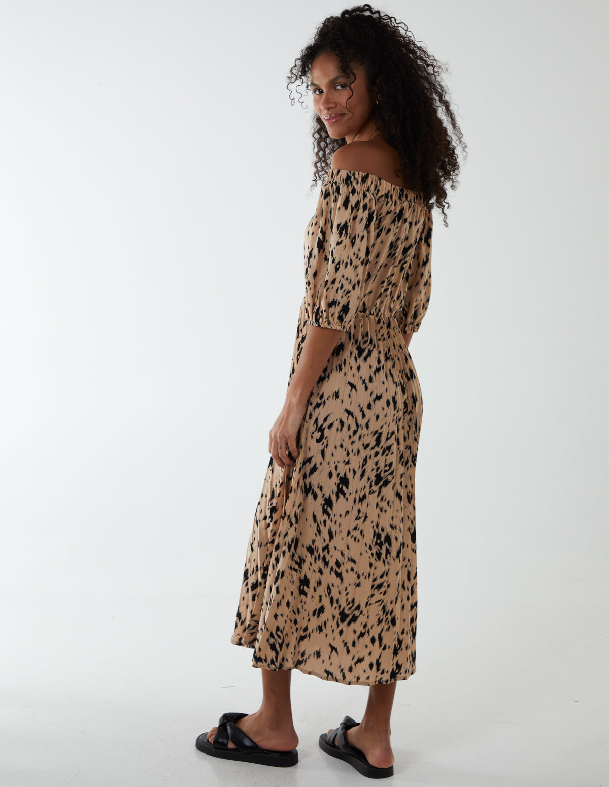 Bardot Midi Dress With Pleated Hem
