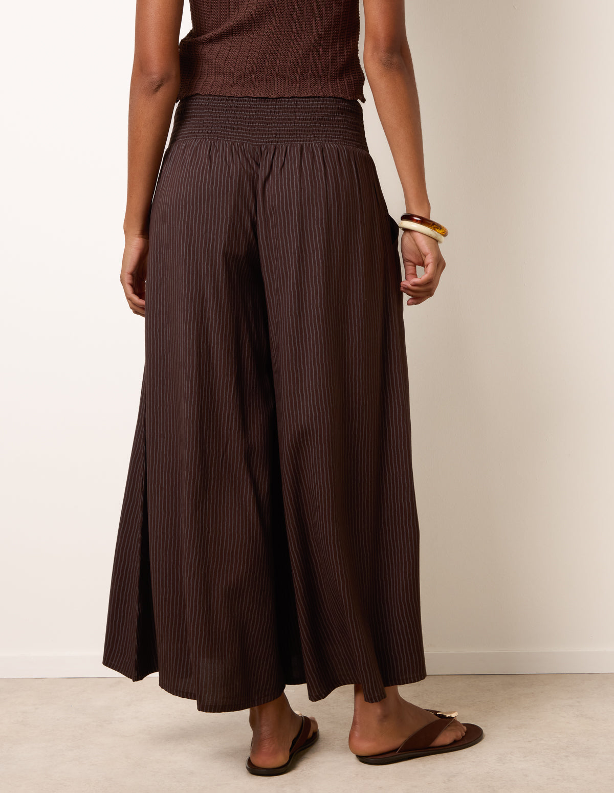 Wide Leg Shirred Waist Wavy Trousers