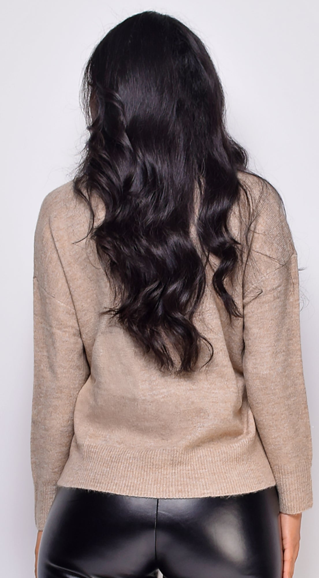 Remy V Neck Drop Shoulder Sweater Top - Beige