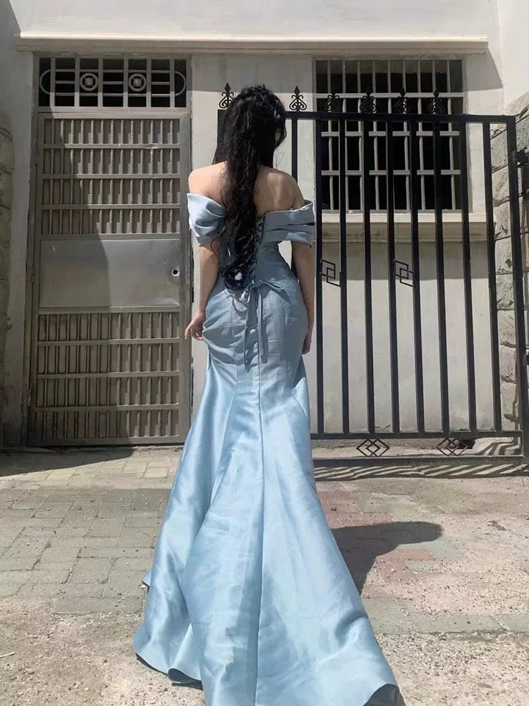 Classy Mermaid Off The Shoulder Light Sky Blue Satin Long Party Gowns Prom Dresses N2030