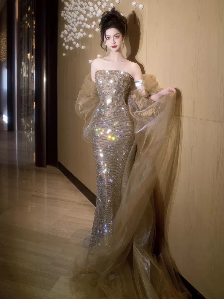 Classy Mermaid Strapless Champagne Sequins With Cape Long Party Gowns Prom Dresses N2031