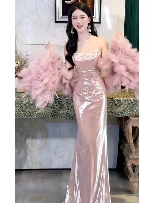 Sexy Evening Dresses Women Mermaid Spaghetti Straps Pink Long Prom Gown Party Wear Fashion Dresses N1817