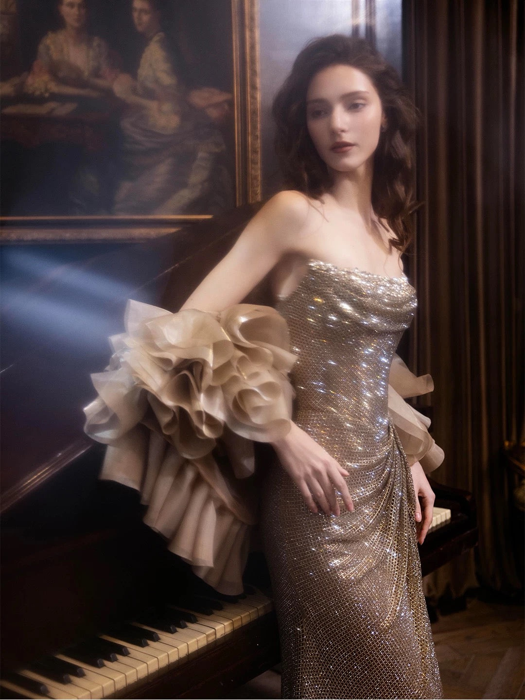 Sexy Evening Dresses Women Mermaid Strapless Champagne Slit Long Prom Gown Party Wear Fashion Dresses N1819