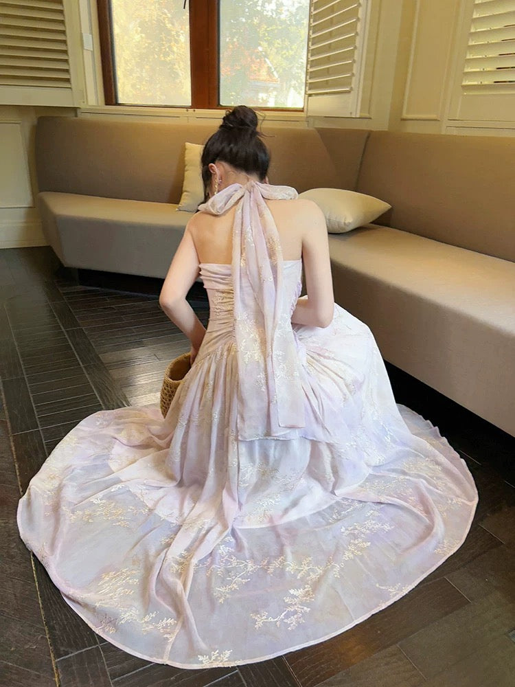 Modest French Style A Line Halter Lilac Chiffon Fashion Women Long Formal Outfits Prom Dresses N2069