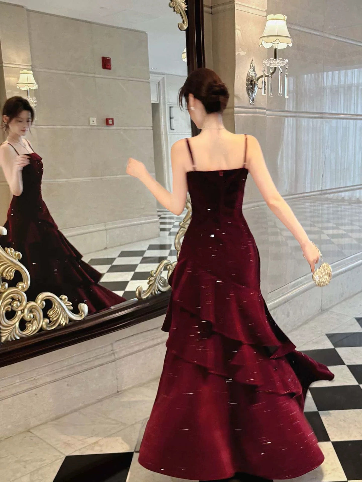 Modest French Style Mermaid Spaghetti Straps Burgundy Fashion Women Long Formal Outfits Prom Dresses N2077
