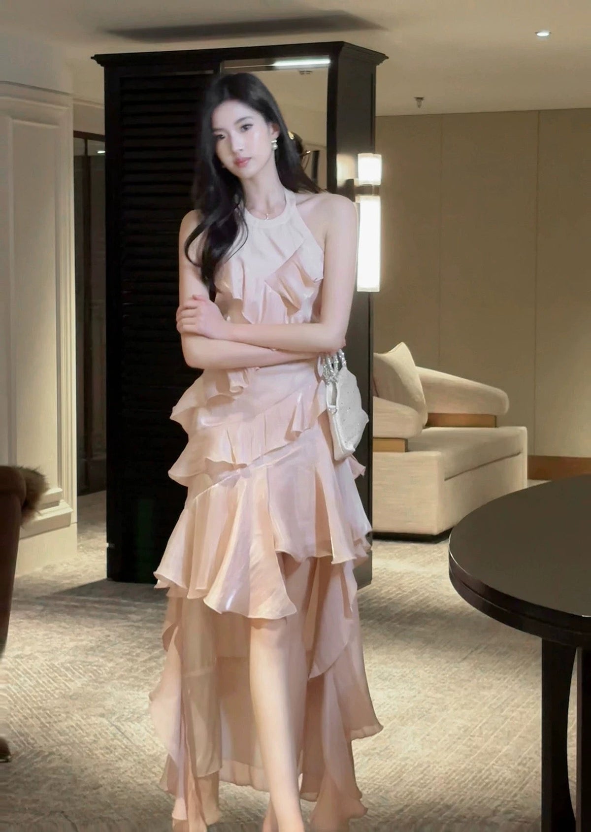 Modest French Style A line Scoop Pink Tiered Layers Fashion Women Long Formal Outfits Prom Dresses N2098