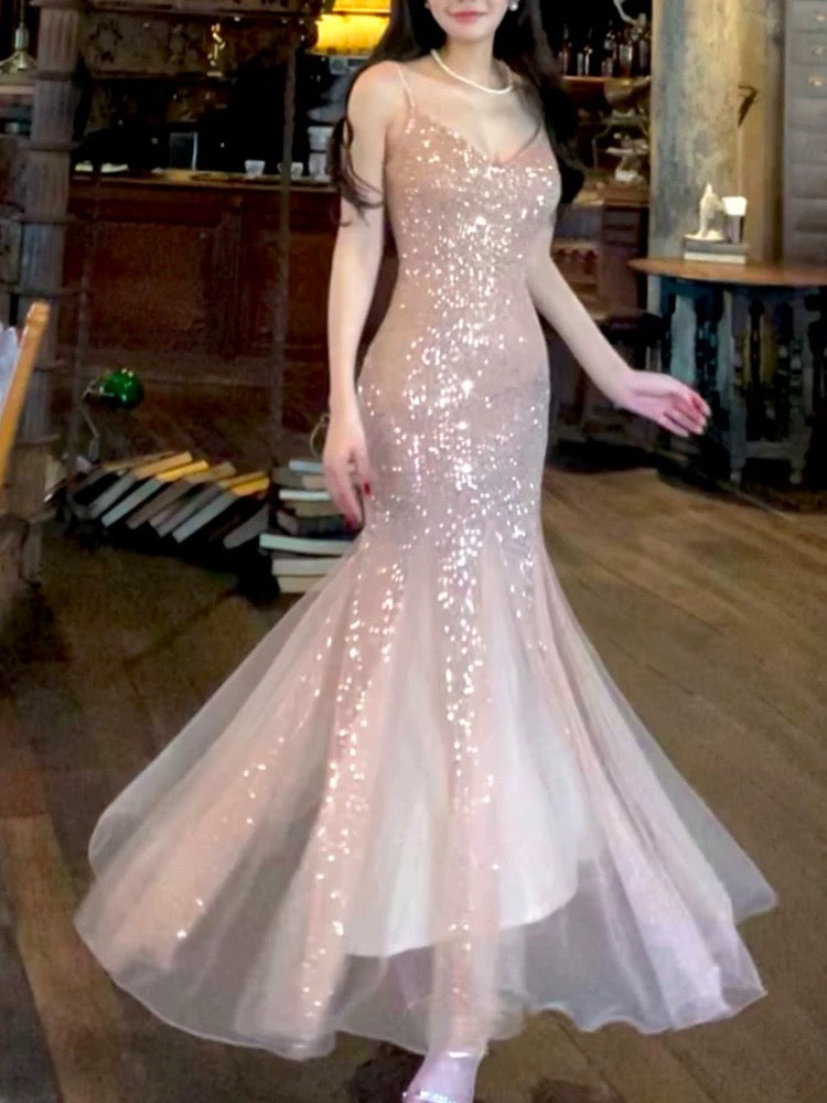 Modest French Style Mermaid Spaghetti Straps Pink Sequin Fashion Women Long Formal Outfits Prom Dresses N2101