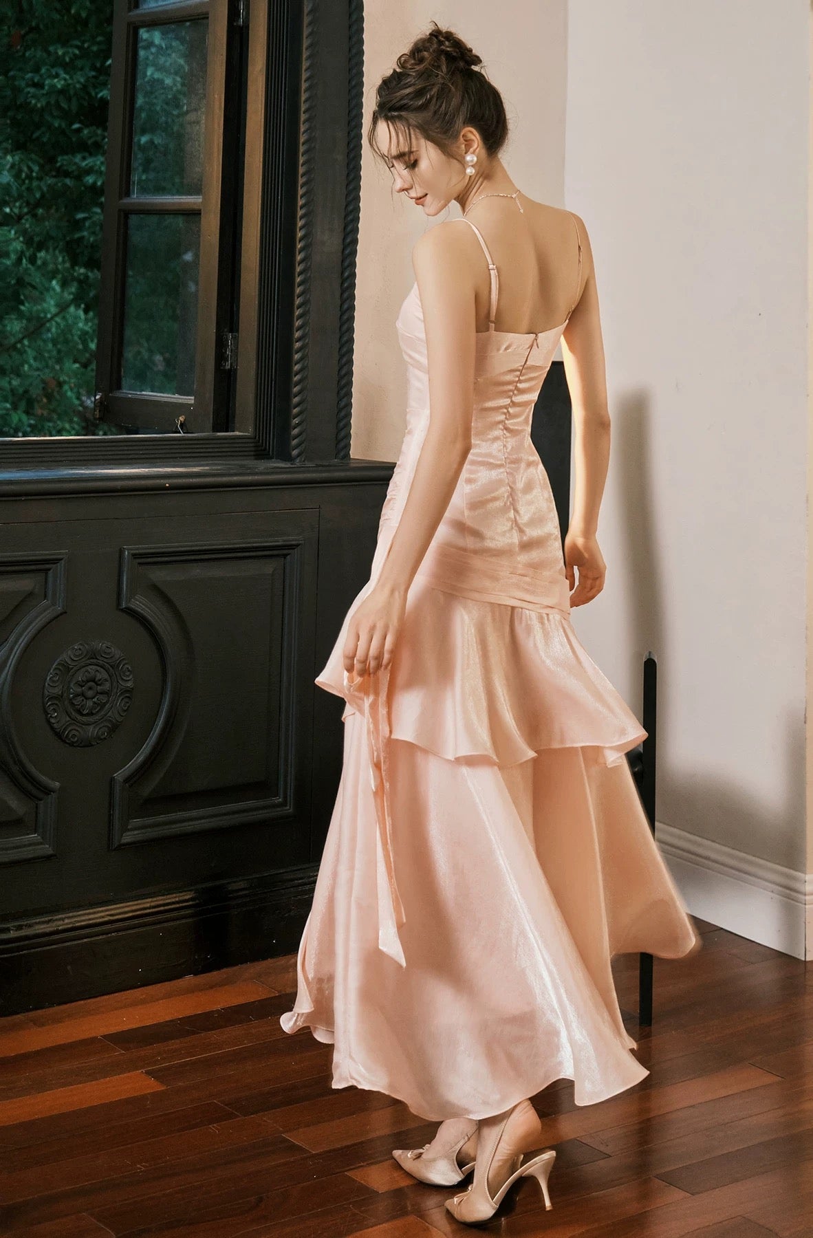 Simple Mermaid Spaghetti Straps Blush Pink Satin Inspiration Long Party Prom Dresses N2103
