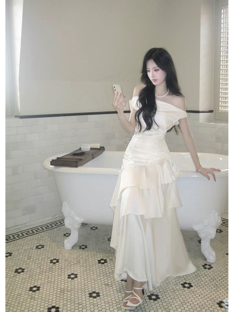 Classy Mermaid White Off The Shoulder Ruffles Satin For Women Girls Teens Prom Dresses N2184