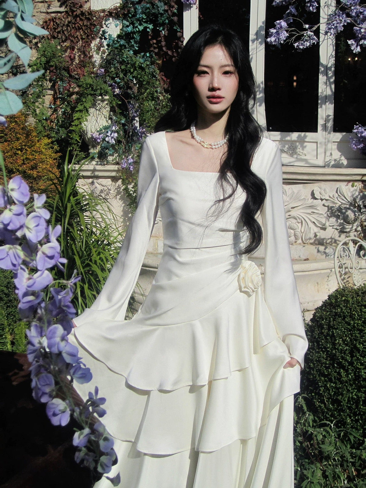 Classy Mermaid Square Neck White With Long Sleeves For Women Girls Teens Prom Dresses N2187